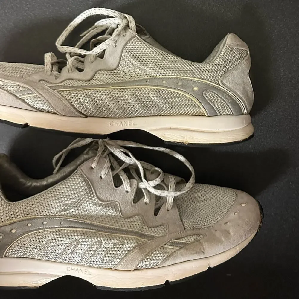 Chanel Training Sneakers Size 37.5 Mesh Shoes Gray Logo Y2K Luxury Designer